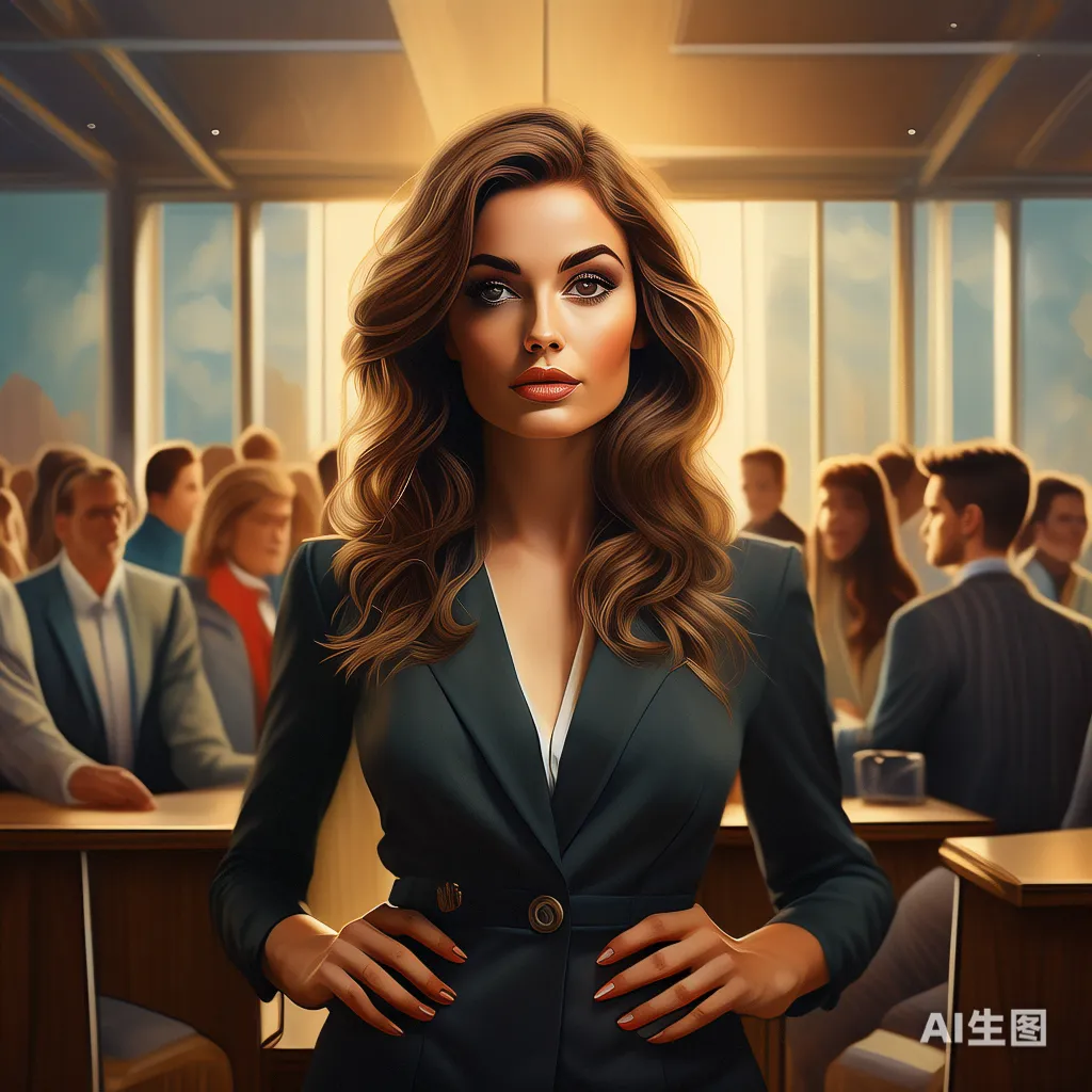 A woman standing confidently in a boardroom full of men, symbolizing strength and resilience in the face of adversity.