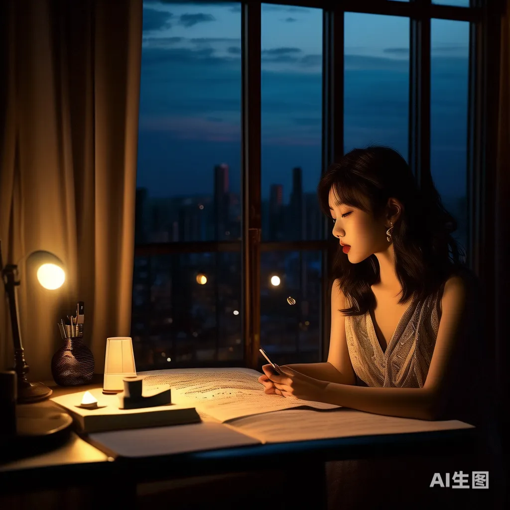 一位女性作家在灯光昏暗的书房里创作