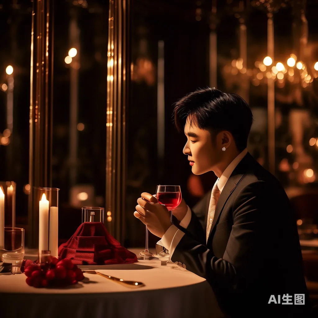 一名品酒师正在仔细品尝红酒,周围是奢华的宴会厅环境,灯光昏暗,气氛神秘