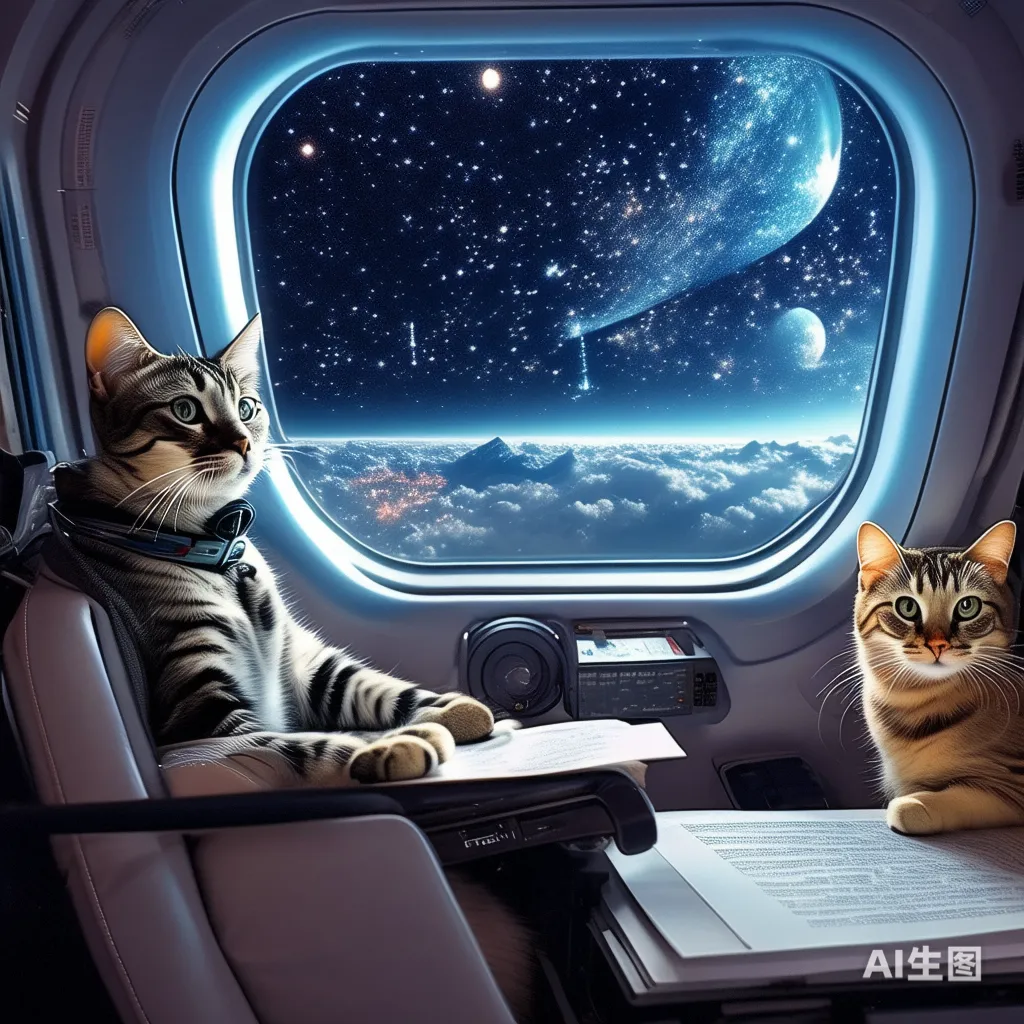 一只猫坐在宇宙飞船的驾驶舱内