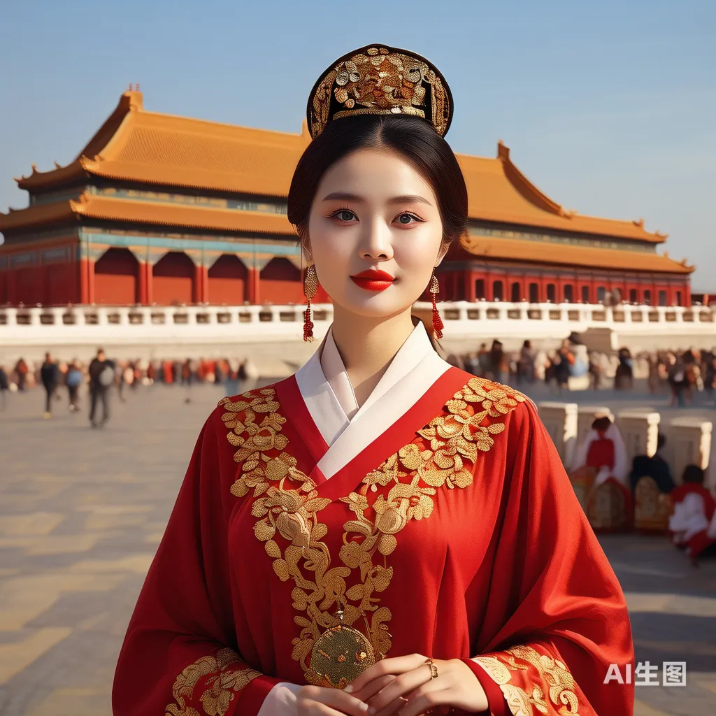 一位现代女性穿着清朝服装站在故宫的红墙前